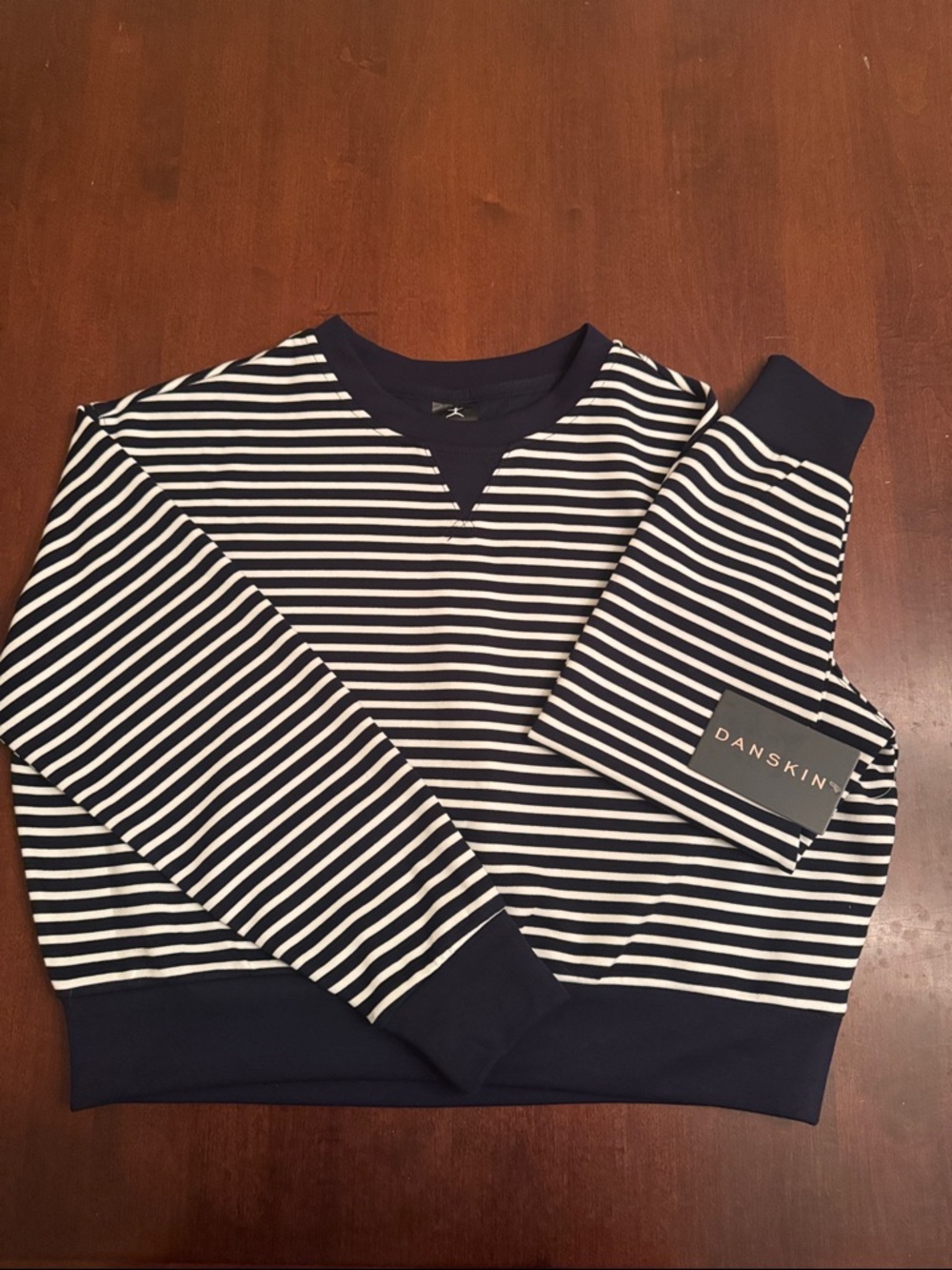 Danskin Navy and White Striped Crewneck Pullover